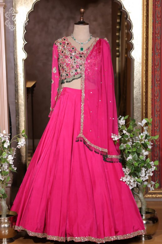 Complete flared silhouette of the Hand Embroidered Stone Work Designer Lehenga Choli Set with a draped net dupatta from Kridhaa.