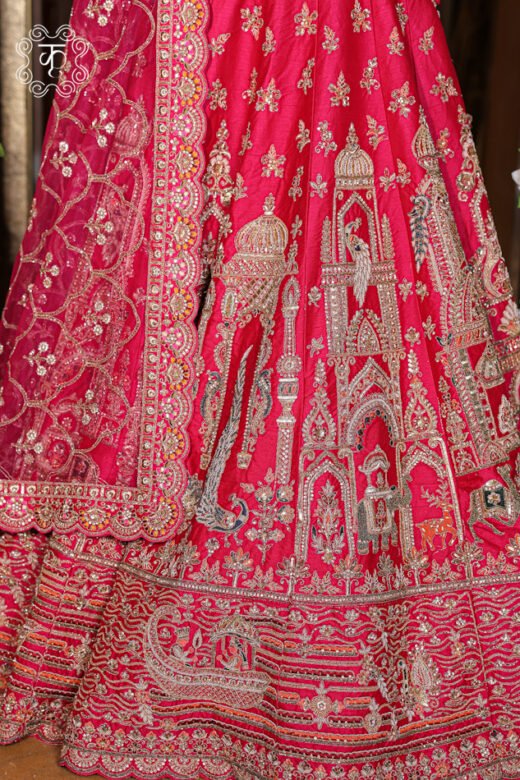 Complete silhouette of the Hand Embroidered Heavy Bridal Lehenga Choli Set displaying the full flared skirt and draped dupatta from Kridhaa.