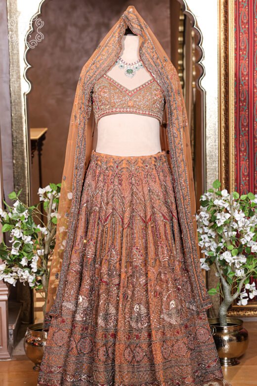Complete silhouette view of the Hand Embroidered Heavy Bridal Lehenga Choli Set displaying the high-volume flared skirt and draped dupatta from Kridhaa.