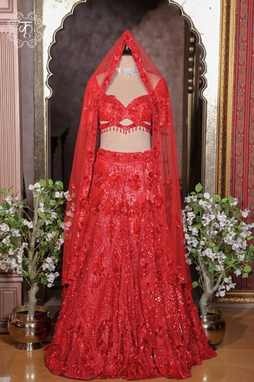 Detailed view of the lightweight sheer net dupatta featuring 3D floral border trims from the Hand Embroidered Sequin and 3D Floral Bridal Lehenga Choli Set.