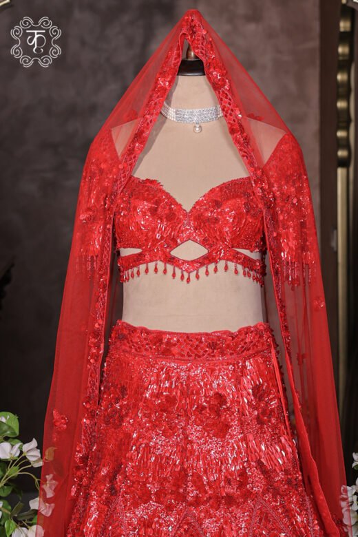 Detailed view of the lightweight sheer net dupatta featuring 3D floral border trims from the Hand Embroidered Sequin and 3D Floral Bridal Lehenga Choli Set.