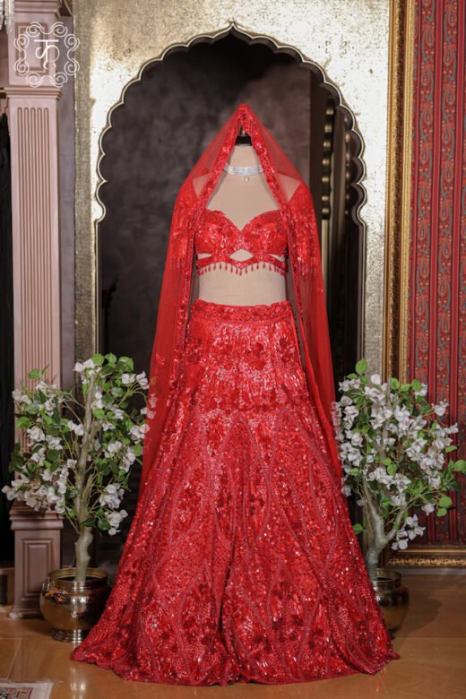 Full silhouette of the Hand Embroidered Sequin and 3D Floral Bridal Lehenga Choli Set displaying the high-volume flared skirt and draped dupatta from Kridhaa.