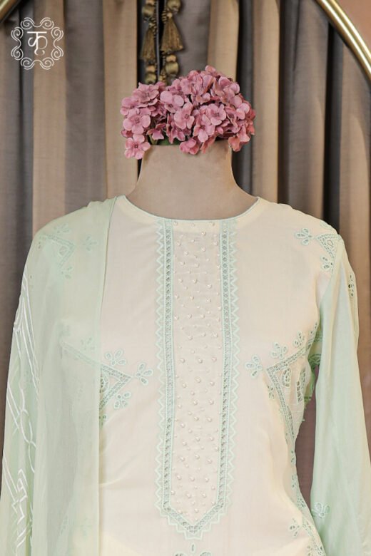 Complete silhouette of the Embroidered Cutwork and Pearl Work Suit Set displaying the straight tunic and trousers from Kridhaa.