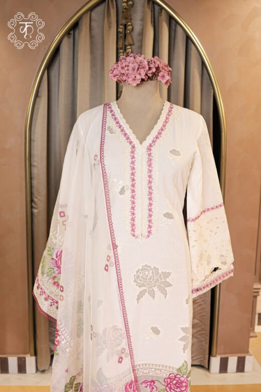 Detailed view of the floral rose print and embroidered border on the dupatta of the Hand Embroidered Floral V-Neck Chikankari and Schiffli Cutwork Suit Set.