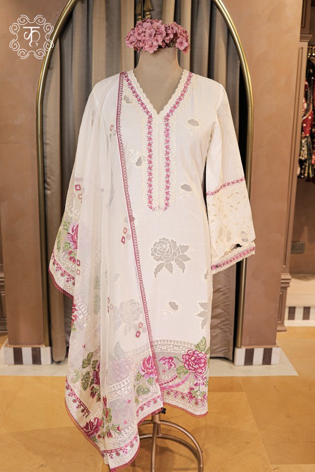 Complete silhouette of the Hand Embroidered Floral V-Neck Chikankari and Schiffli Cutwork Suit Set displaying the straight tunic and printed dupatta from Kridhaa.