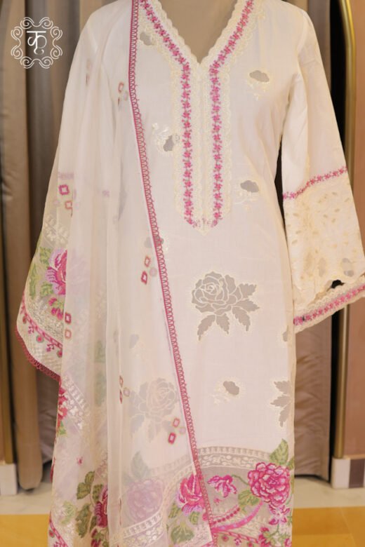 Close-up of the schiffli cutwork lace sleeve panels on the Hand Embroidered Floral V-Neck Chikankari and Schiffli Cutwork Suit Set tunic.