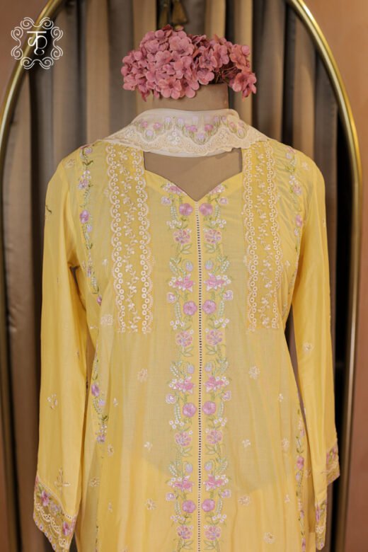Close-up of the delicate floral threadwork and lace borders along the neck placket of the Floral Thread Embroidered Chikankari and Lace Border Suit Set.