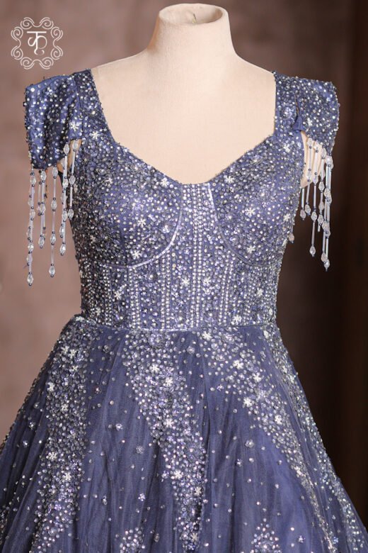 Complete floor-length ball gown silhouette of the Crystal Sequined Sweetheart Corset Ball Gown from Kridhaa.
