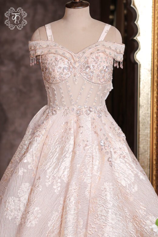 Complete floor-length ball gown silhouette of the Embellished Sweetheart Corset Ball Gown from Kridhaa.