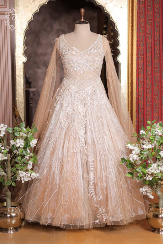 Complete floor-length ball gown silhouette of the Crystal Sequined Heavy Hand-Embroidered Ball Gown from Kridhaa.