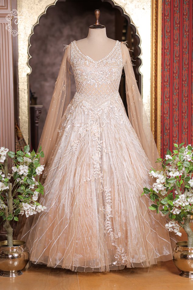 Complete floor-length ball gown silhouette of the Crystal Sequined Heavy Hand-Embroidered Ball Gown from Kridhaa.