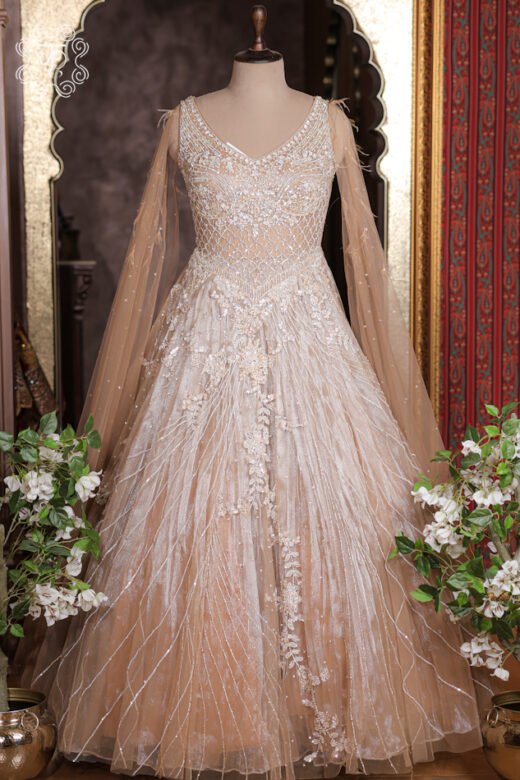 Close-up of the crystal embroidery, pearl appliqués, and gridwork on the bodice of the Crystal Sequined Heavy Hand-Embroidered Ball Gown.