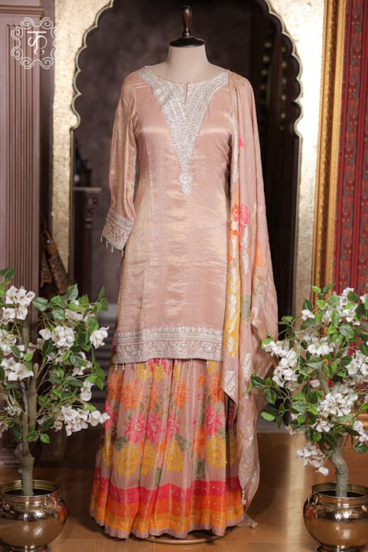 Embellished Zardozi Neck Tissue Silk Kurta Set featuring a metallic embroidered tunic, floral print tiered sharara, and woven dupatta from Kridhaa.
