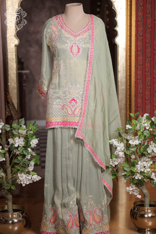 Close-up of the zardozi threadwork and paisley embroidery on the V-neckline of the Embellished Paisley Zardozi Work Tissue Silk Short Kurta Sharara Set.