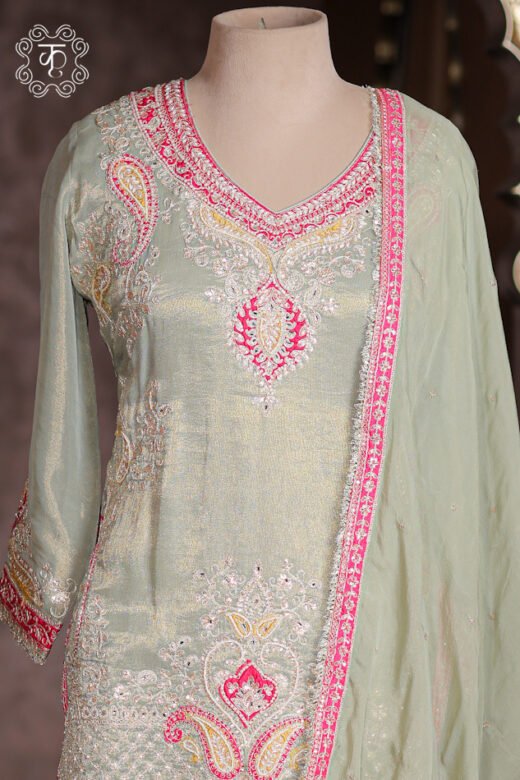 Embellished Paisley Zardozi Work Tissue Silk Short Kurta Sharara Set featuring a short tunic, paisley flared sharara, and border dupatta from Kridhaa.