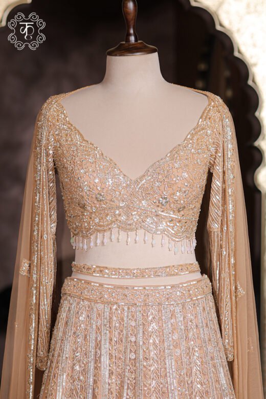 Complete floor-length silhouette of the Geometrical Embroidered Sweetheart Blouse Lehenga Set from Kridhaa.