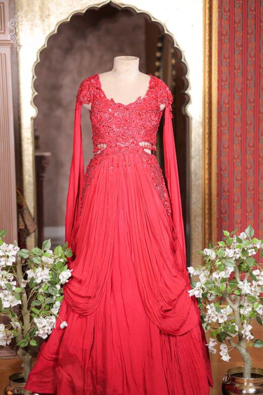 Close-up of the tonal cutdana, sequin, and bead embroidery on the sweetheart bodice of the Embellished Cut-Out Waist Pre-Draped Gown.