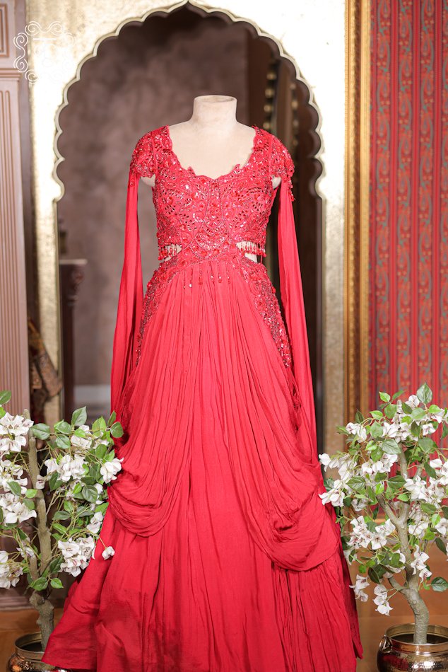 Close-up of the tonal cutdana, sequin, and bead embroidery on the sweetheart bodice of the Embellished Cut-Out Waist Pre-Draped Gown.