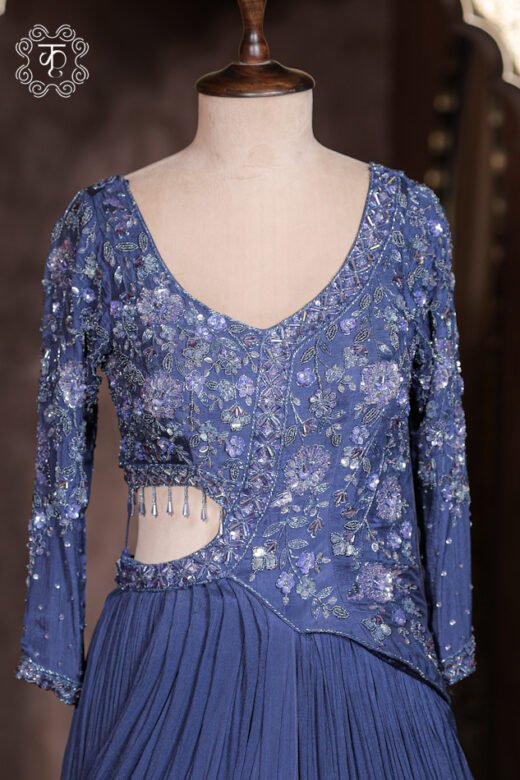 Complete floor-length silhouette of the Sequined Cut-Out Waist Hand-Embroidered Pre-Draped Gown from Kridhaa.