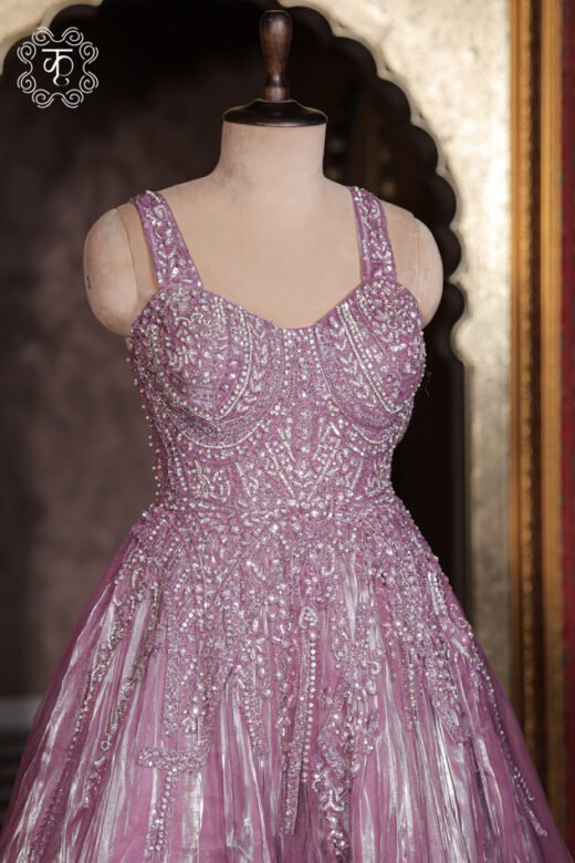 Close-up of the silver crystal, pearl, and cutdana embroidery on the corset bodice of the Crystal Embroidered Sweetheart Corset Metallic Tissue Ball Gown.