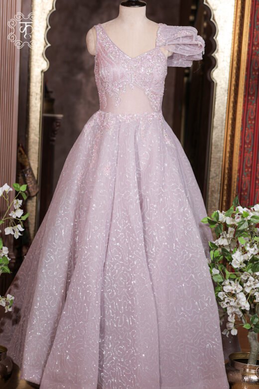 Close-up of the sculpted layered ruffle sleeve accent on the Embellished Sweetheart Corset Ball Gown.