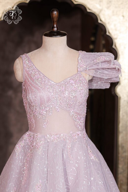 Complete floor-length ball gown silhouette of the Embellished Sweetheart Corset Ball Gown from Kridhaa.