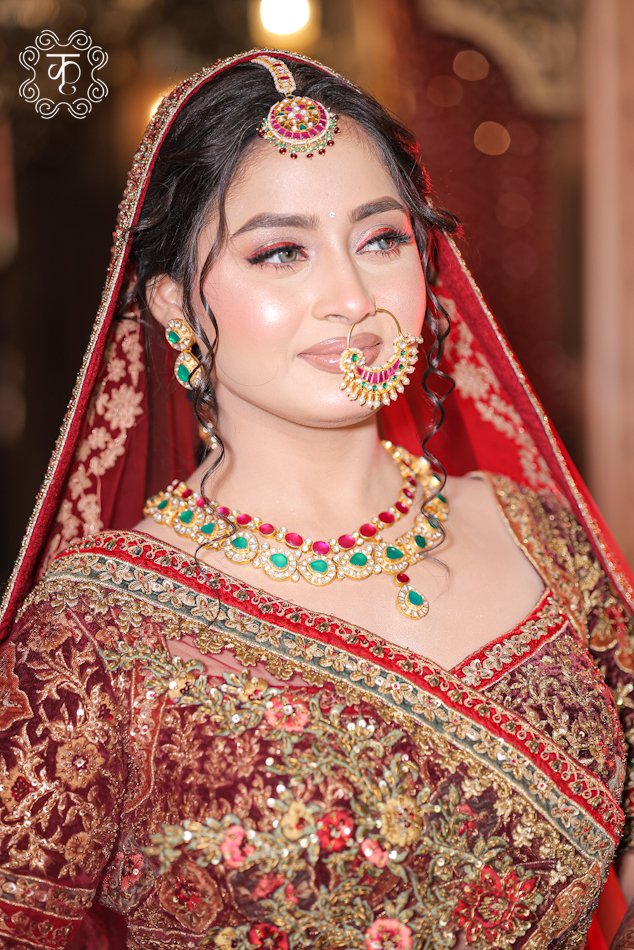 Detailed view of the mughal arch kalis and zardozi medallion panels on the skirt of the Heavy Zardozi Hand-Embroidered Bridal Velvet Lehenga Set.