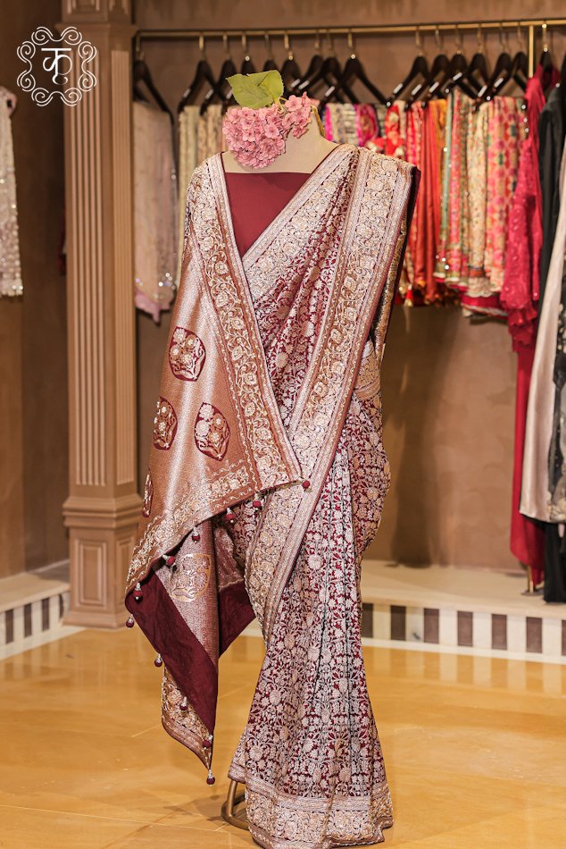 Banarasi Katan Silk Floral Jaal Brocade Saree featuring an intricate all-over floral jaal weave, embroidered zardozi border, and paisley pallu corners from Kridhaa.