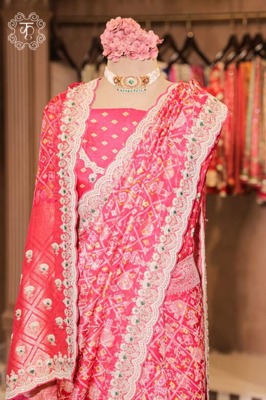 Full floor-length presentation view of the Bandhani Print Silk Saree from Kridhaa.