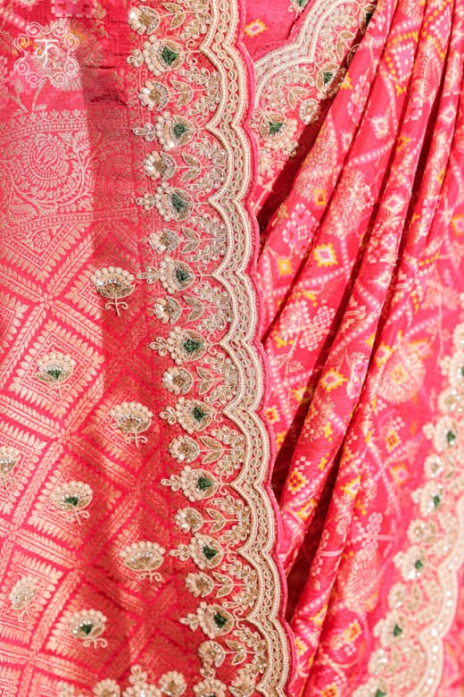 Bandhani Print Silk Saree featuring a bandhani print body, woven pallu, and a hand-embroidered scalloped zardozi border from Kridhaa.