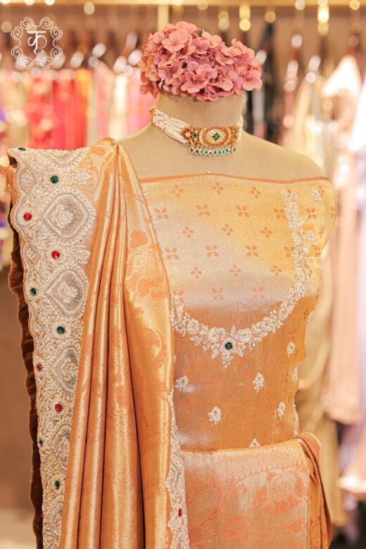 Complete floor-length drape view of the Banarasi Tissue Silk Floral Brocade Saree featuring structured pleats and a shoulder pallu drape.