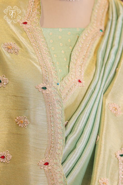 Full floor-length presentation view of the Dual-Tone Metallic Tissue Silk Saree from Kridhaa.