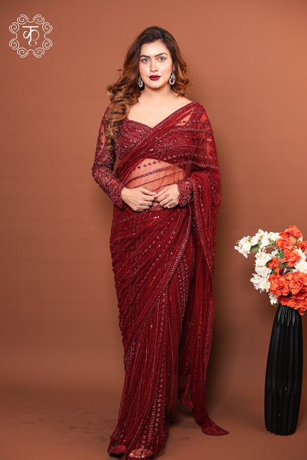 Close-up of the diagonal sequin lines and pre-draped pleat structure on the Georgette Concept Pre-Draped Saree.