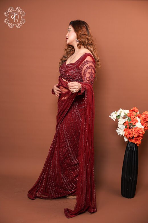 Detailed view of the structured shoulder pallu and fitted waist drape on the Georgette Concept Pre-Draped Saree.