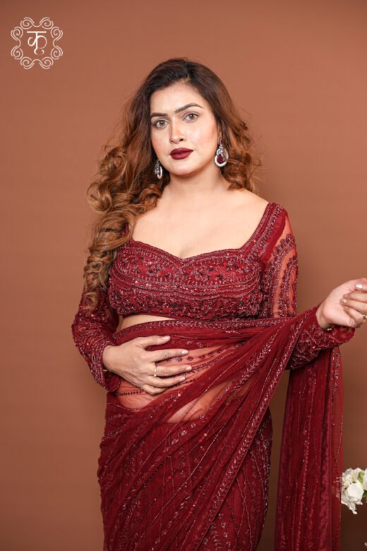 Full floor-length pose view of the Georgette Concept Pre-Draped Saree from Kridhaa.