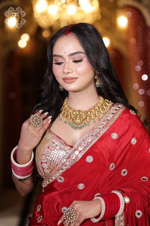 Close-up of the hand-set circular mirror work and zardozi embroidery on the border of the Silk Satin Saree with Mirror Work.
