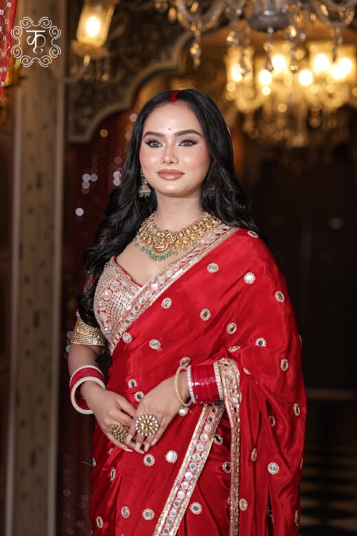 Full floor-length presentation view of the Silk Satin Saree with Mirror Work from Kridhaa.