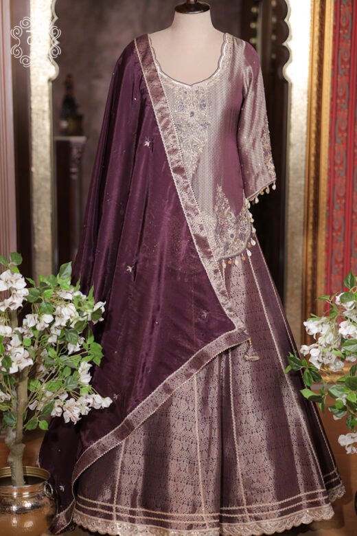 Detailed view of the embroidered border, scattered bootis, and corner tassels on the dupatta of the Banarasi Silk Brocade Lehenga Set.