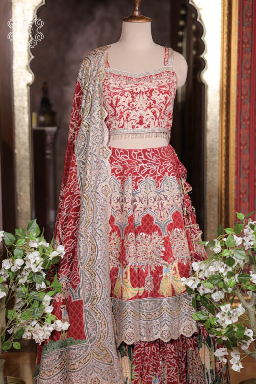 Close-up of the Pichwai dancing figure prints, architectural jharokhas, and scalloped embroidered tier borders on the Printed Silk Lehenga Set skirt.