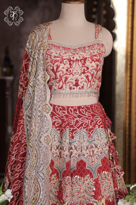 Printed Silk Lehenga Set featuring Pichwai artwork prints, an embroidered square-neck choli, fringed bead hem, and matching dupatta from Kridhaa.