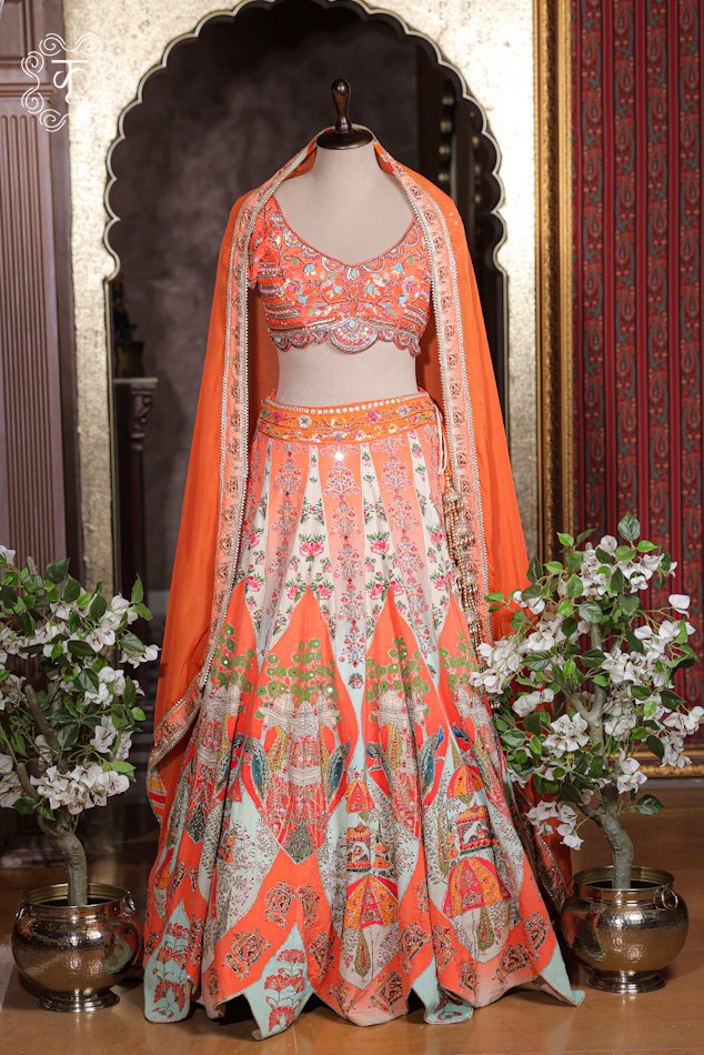 Full floor-length presentation view of the Printed Silk Lehenga Set from Kridhaa.