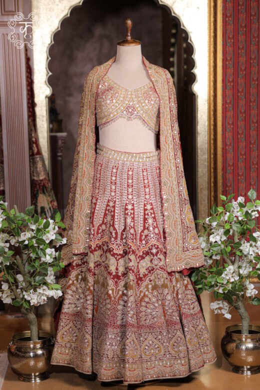 Close-up of the elephant motifs, chikankari jaal, and architectural paneling on the skirt of the Embroidered Georgette Lehenga Set.