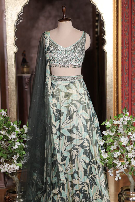 Side profile view showcasing the flare and structured fit of the lehenga skirt.