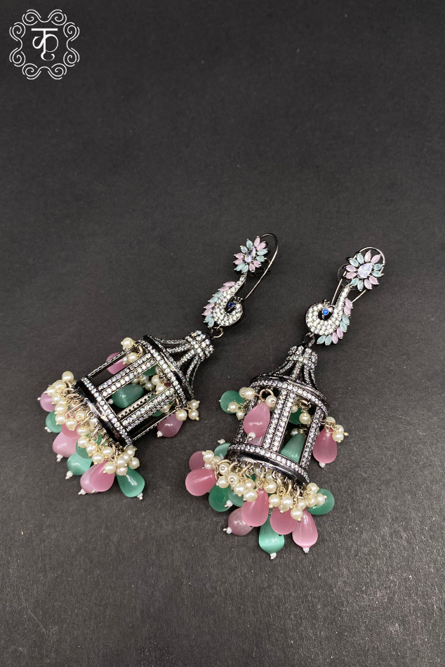 Oxidized Silver AD Earrings with Pink & Green Stones - Image 2
