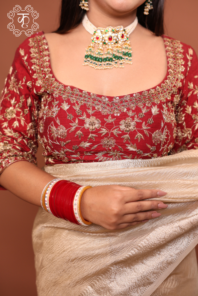 Tissue Silk Saree with HandWork Blouse - Golden Maroon - Image 3