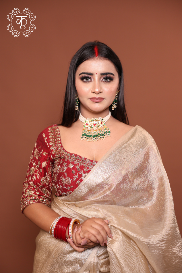 Tissue Silk Saree with HandWork Blouse - Golden Maroon - Image 2