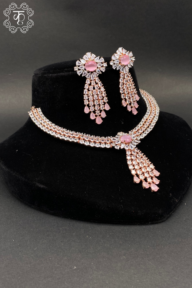 Rose Gold With light Pink AD Neckpiece - Image 3