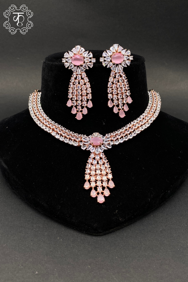 Rose Gold With light Pink AD Neckpiece - Image 2