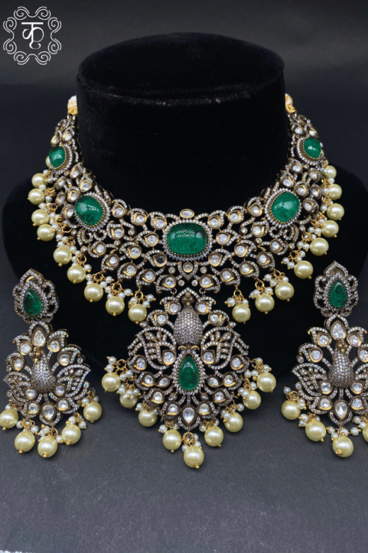 Antique gold choker necklace with green stones and pearl drops — Kridhaa AD Neckpiece collection