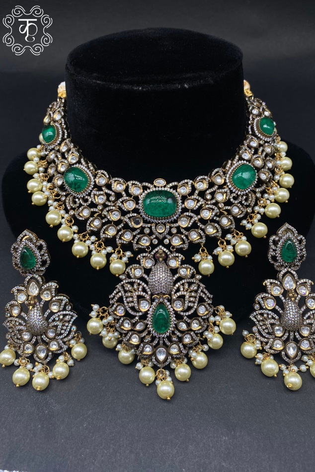 Antique gold choker necklace with green stones and pearl drops — Kridhaa AD Neckpiece collection
